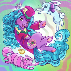 Size: 1800x1800 | Tagged: safe, artist:sparkytopia, imported from derpibooru, march mischief, cat, earth pony, mouse, pony, rabbit, alice in wonderland, animal, birthday jewel pony, blue hair, clothes, coat, female, g3, glitter, hat, hoof heart, looking at you, mad hatter, mare, open mouth, open smile, pocket watch, purple coat, raised hoof, smiling, solo, underhoof
