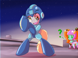 Size: 1440x1080 | Tagged: safe, artist:trackheadtherobopony, imported from derpibooru, derpy hooves, oc, oc:goldheart, pegasus, pony, robot, robot pony, anime style, arm cannon, bipedal, chibi, female, mare, mega man, mega man (series)