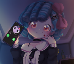 Size: 2182x1910 | Tagged: safe, artist:pocket loli, edit, editor:drtoughlove, imported from twibooru, cozy glow, twilight sparkle, human, air conditioner, based, blushing, bow, cellphone, child, choker, clothes, cropped, cropped porn, female, hair bow, hair tie, humanized, image, lolita fashion, looking at you, nail polish, necktie, offscreen character, painted nails, phone, png, pov, skull, smartphone, smiling, twibooru exclusive