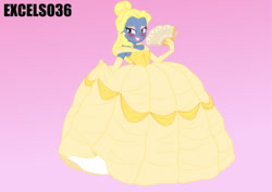 Size: 1130x800 | Tagged: safe, artist:excelso36, imported from ponybooru, oc, oc only, oc:azure/sapphire, human, equestria girls, blushing, clothes, crossdressing, dress, femboy, makeup, male, nervous, princess gown, simple background, solo, wig