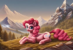 Size: 1216x832 | Tagged: safe, imported from ponybooru, pinkie pie, earth pony, pony, ai content, ai generated, female, fluffy, generator:pony diffusion v6 xl, grass, looking at you, mare, mountain, outdoors, prone, solo, tree, unshorn fetlocks