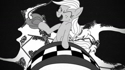 Size: 1280x720 | Tagged: safe, artist:dhm, imported from derpibooru, applejack, earth pony, pony, applejack's hat, atomic bomb, black and white, bomb, cowboy hat, dexterous hooves, digital art, dr. strangelove, eyes closed, falling, film grain, grayscale, hat, monochrome, movie reference, nuclear weapon, open mouth, open smile, riding, rodeo, smiling, solo, weapon