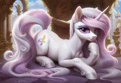 Size: 1216x832 | Tagged: safe, imported from ponybooru, fleur-de-lis, pony, unicorn, ai content, ai generated, female, fluffy, generator:pony diffusion v6 xl, hoof on chin, looking at you, mare, prone, solo, unshorn fetlocks