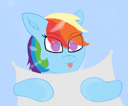 Size: 931x775 | Tagged: safe, artist:theonlyone, imported from derpibooru, rainbow dash, pegasus, pony, blue background, cute, dashabetes, ear fluff, hooves, multicolored hair, pillow, rainbow hair, simple background, solo