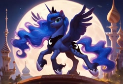 Size: 1216x832 | Tagged: safe, imported from ponybooru, princess luna, alicorn, pony, ai content, ai generated, canterlot, female, fluffy, generator:pony diffusion v6 xl, jewelry, mare, moon, regalia, solo, spread wings, wings