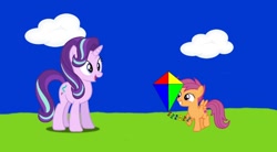 Size: 1080x596 | Tagged: safe, imported from twibooru, screencap, scootaloo, starlight glimmer, pegasus, pony, unicorn, series:mlp animation's short films, series:the kite, duo, duo female, female, image, kite, needs more jpeg