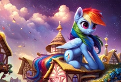 Size: 1216x832 | Tagged: safe, imported from ponybooru, rainbow dash, pegasus, pony, ai content, ai generated, chest fluff, cloud, ear fluff, ears, female, fluffy, folded wings, generator:pony diffusion v6 xl, giant pony, house, macro, mare, ponyville, sitting, solo, thousand yard stare, wings
