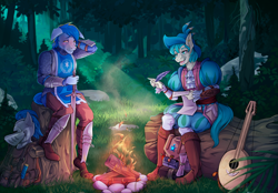 Size: 2500x1739 | Tagged: safe, artist:razputina, imported from ponybooru, sandbar, oc, oc:skyelight gleam, anthro, earth pony, plantigrade anthro, pony, series:saga of sandbard, adventure, armor, backpack, bard, blushing, camp, campfire, chainmail, commission, crepuscular rays, digital art, embarrassed, fantasy, fantasy class, feathered hat, forest background, greaves, half plate, hat, helmet, implied gallus, implied gay, interview, knight, lace, lute, male, males only, medieval, minstrel, musical instrument, pantaloons, parchment, puffy sleeves, quill, ruffles, sitting on a tree, stallion, stallions only, stupid sexy sandbar, sword, tabard, vambrace, weapon, writing