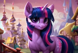 Size: 1216x832 | Tagged: safe, imported from ponybooru, twilight sparkle, pony, unicorn, ai content, ai generated, castle, cloud, ear fluff, ears, female, generator:pony diffusion v6 xl, house, looking at you, mare, mountain, ponyville, solo, surreal, unicorn twilight