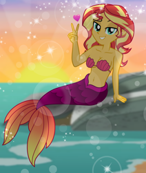 Size: 7458x8778 | Tagged: safe, artist:emeraldblast63, imported from derpibooru, sunset shimmer, mermaid, equestria girls, bare shoulders, bra, breasts, cleavage, clothes, fish tail, mermaid tail, mermaidized, peace sign, seashell, seashell bra, sleeveless, species swap, strapless, stupid sexy sunset shimmer, tail, underwear