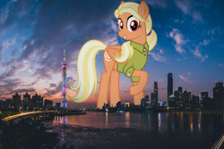 Size: 1600x1067 | Tagged: safe, artist:cheezedoodle96, edit, editor:jaredking779, imported from derpibooru, mane allgood, pegasus, pony, attack on pony, china, clothes, female, giant pony, giantess, grin, guangzhou, highrise ponies, irl, looking at you, macro, mare, photo, ponies in real life, raised hoof, red eyes, shirt, smiling, solo, story included