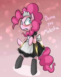 Size: 700x875 | Tagged: safe, artist:uc77, imported from derpibooru, pinkie pie, bipedal, clothes, costume, french maid, gradient background, hotblooded pinkie pie, implied molestia, maid, solo, standing