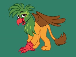 Size: 2048x1536 | Tagged: safe, artist:partyponypower, imported from derpibooru, oc, oc only, oc:kalimu, bird, griffon, hybrid, parrot, parrot griffon, beak, green background, male, paws, simple background, smiling, solo, talons