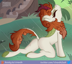 Size: 1000x887 | Tagged: safe, alternate version, artist:virenth, imported from derpibooru, autumn blaze, kirin, butt, eyes closed, female, kneeling, leg fluff, plot, rain, raised tail, solo, stretching, tail, underhoof