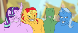 Size: 640x272 | Tagged: safe, artist:scrungbungus, imported from derpibooru, starlight glimmer, sunset shimmer, trixie, oc, oc:anon, anthro, human, unicorn, abomination, curved horn, group, horn, lmao, me and the boys, trace