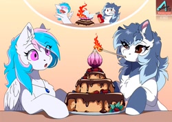 Size: 1100x778 | Tagged: safe, artist:arctic-fox, imported from derpibooru, oc, oc only, oc:ash wing, oc:ashley fox, oc:starburn, earth pony, pegasus, pony, cake, duo, earth pony oc, fire, fire extinguisher, food, gradient background, pegasus oc, wings