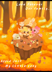 Size: 1600x2200 | Tagged: safe, artist:苏桑柠, imported from derpibooru, apple bloom, applejack, big macintosh, bright mac, granny smith, pear butter, pinkie pie, earth pony, pony, :3, apple family, blushing, female, filly, flower, foal, food, forest, male, mare, muffin, nature, sleeping, stallion, text, tree