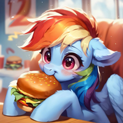 Size: 927x927 | Tagged: safe, imported from derpibooru, rainbow dash, pegasus, pony, ai assisted, ai content, ai generated, blushing, burger, cute, detailed hair, ear fluff, eating, enjoying, fluffy, food, generator:purplesmart.ai, generator:stable diffusion, happy, multicolored hair, pink eyes, prompter:saltyvity, rainbow hair, restaurant, smiling, solo