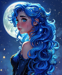 Size: 1280x1536 | Tagged: safe, imported from derpibooru, princess luna, human, ai content, ai generated, bare shoulders, bust, clothes, dress, female, generator:playground ai, humanized, looking at you, messy hair, moon, night, profile, prompter:pawels, solo, stars