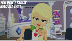 Size: 2000x1125 | Tagged: safe, edit, edited screencap, editor:quoterific, imported from derpibooru, screencap, applejack, camping must-haves, equestria girls, equestria girls series, spoiler:eqg series (season 2), bed, rarity's bedroom, solo