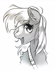 Size: 2049x2700 | Tagged: safe, artist:opalacorn, imported from derpibooru, earth pony, pony, bust, chest fluff, eyebrows, eyebrows visible through hair, female, grayscale, looking at you, mare, monochrome, open mouth, open smile, ponified, sergeant reckless, simple background, smiling, smiling at you, solo, white background