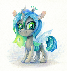 Size: 1035x1100 | Tagged: safe, artist:maytee, imported from derpibooru, queen chrysalis, changeling, changeling queen, chibi, cute, cutealis, fangs, female, frown, simple background, solo, traditional art, white background