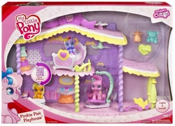 Size: 1232x888 | Tagged: safe, imported from derpibooru, pinkie pie (g3), scootaloo (g3), starsong, bathroom, bedroom, box, button, cradle, cute, diaper, fan, figure, g3, g3.5, in a box, lamp, my little pony logo, newborn cuties, pinkie pie's playhouse, playhouse, sink, swing, toilet, toy