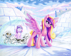 Size: 1533x1200 | Tagged: safe, artist:maytee, imported from derpibooru, princess cadance, princess flurry heart, oc, alicorn, changeling, pony, colored pencil drawing, force field, igloo, older, older flurry heart, snow changeling, traditional art