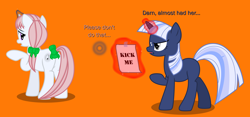 Size: 7500x3500 | Tagged: safe, artist:cranberry-tofu, imported from derpibooru, oc, oc only, oc:silverlay, oc:whisper call, pony, unicorn, bow, female, horn, kick me, magic, mare, orange background, simple background, tail, tail bow