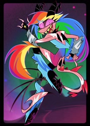 Size: 1500x2100 | Tagged: safe, alternate version, artist:entropystar, imported from derpibooru, rainbow dash, anthro, demon, digitigrade anthro, hybrid, imp, reptile, snake, crossover, demon horns, devil tail, fangs, female, hazbin hotel, hellaverse, hellborn, helluva boss, horns, looking at you, simple background, solo, species swap, tail