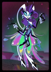 Size: 1500x2100 | Tagged: safe, alternate version, artist:entropystar, imported from derpibooru, rarity, anthro, butterfly, demon, digitigrade anthro, undead, black background, butterfly demon, crossover, female, hazbin hotel, hellaverse, helluva boss, simple background, sinner demon, solo, species swap