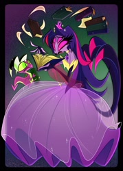 Size: 1500x2100 | Tagged: safe, alternate version, artist:entropystar, imported from derpibooru, spike, twilight sparkle, anthro, bird, demon, imp, owl, bare shoulders, bird demon, book, clothes, crossover, cutie mark accessory, cutie mark necklace, dress, duo, duo male and female, female, four eyes, gown, hazbin hotel, hellaverse, hellborn, helluva boss, jewelry, male, multiple eyes, necklace, owl demon, panicking, species swap, spellbook