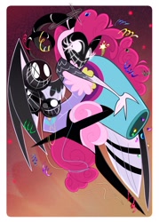 Size: 1500x2100 | Tagged: safe, alternate version, artist:entropystar, imported from derpibooru, pinkie pie, angel, angelic wings, crossover, exorcist angel, female, halo, hazbin hotel, heavenborn, hellaverse, horns, mask, party cannon, solo, species swap, wings