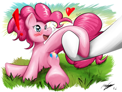 Size: 1600x1200 | Tagged: safe, artist:ruby, imported from derpibooru, pinkie pie, earth pony, pony, blushing, exclamation point, female, heart, holding hooves, mare, offscreen character, open mouth, open smile, sitting, smiling