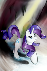 Size: 1600x2400 | Tagged: safe, artist:ruby, imported from derpibooru, rarity, pony, unicorn, cave, cavern, female, horn, looking up, mare, solo, walking, water