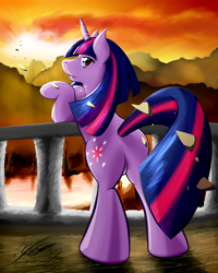 Size: 1600x2000 | Tagged: safe, artist:ruby, imported from derpibooru, twilight sparkle, pony, unicorn, female, leaning, looking back, mare, railing, rear view, solo, sun, sunset, unicorn twilight