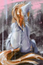 Size: 1600x2400 | Tagged: safe, artist:ruby, imported from derpibooru, oc, oc only, earth pony, pony, gray coat, looking back, rain, sad, sitting, solo