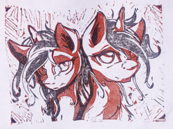 Size: 2087x1565 | Tagged: safe, artist:ruby, imported from derpibooru, oc, oc only, oc:asha, pony, unicorn, bust, female, horn, linocut, male, mare, portrait, rule 63, self paradox, simple background, solo, stallion, traditional art