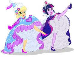 Size: 800x610 | Tagged: safe, artist:sapphiregamgee, imported from derpibooru, applejack, twilight sparkle, equestria girls, can-can, clothes, dancing, deviantart watermark, dress, froufrou glittery lacy outfit, gloves, gown, hat, hennin, high heels, jewelry, long gloves, obtrusive watermark, petticoat, princess costume, shoes, simple background, tiara, transparent background, watermark