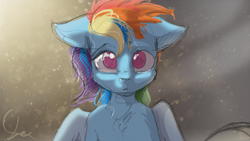 Size: 4960x2790 | Tagged: safe, alternate version, artist:ruby, imported from derpibooru, rainbow dash, pegasus, pony, bipedal, bust, female, high res, looking at you, mare, sad, solo