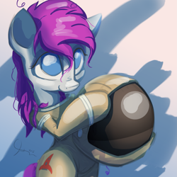 Size: 2367x2367 | Tagged: safe, artist:ruby, imported from derpibooru, oc, oc only, earth pony, pony, bipedal, female, high res, holding, mare, smiling, solo, space helmet, spacesuit