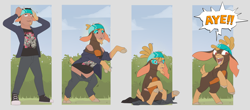 Size: 7299x3208 | Tagged: safe, artist:fauvfox, imported from derpibooru, shanty (tfh), goat, human, them's fightin' herds, bandana, community related, human to goat, male to female, rule 63, transformation, transformation sequence, transgender transformation