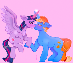 Size: 3278x2837 | Tagged: safe, artist:sugar daze, imported from derpibooru, twilight sparkle, oc, oc:horizon, alicorn, unicorn, blushing, canon x oc, commission, cutie mark, flying, heart, hoof hold, horn, kiss on the lips, kissing, magic, magic aura, shading, signature, spread wings, twilight sparkle (alicorn), wings