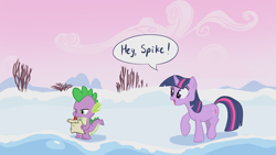 Size: 2813x1586 | Tagged: safe, artist:ciborgen, imported from derpibooru, spike, twilight sparkle, dragon, pony, unicorn, female, hey spike, mare, open mouth, open smile, quill, raised hoof, scroll, smiling, snow, speech bubble, standing, talking, unicorn twilight, writing