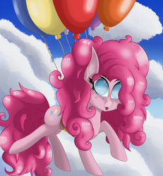 Size: 3740x4040 | Tagged: safe, artist:krymak, imported from derpibooru, pinkie pie, earth pony, pony, :p, balloon, cloud, concave belly, floating, freckles, solo, then watch her balloons lift her up to the sky, tongue out