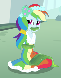 Size: 2000x2553 | Tagged: safe, artist:nie-martw-sie-o-mnie, imported from derpibooru, rainbow dash, human, a canterlot wedding, equestria girls, bondage, bound and gagged, bridesmaid dress, changeling slime, clothes, dress, gag, gown, kneeling, slime, slime gag