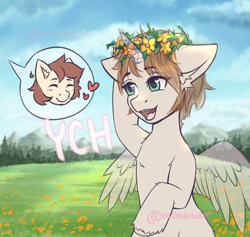 Size: 1900x1800 | Tagged: safe, artist:moewwur, artist:rin-mandarin, imported from derpibooru, oc, oc only, earth pony, pegasus, pony, unicorn, any race, background, bipedal, blushing, chest fluff, cloud, commission, couple, ear fluff, eyes closed, field, floral head wreath, flower, forest, heart, horn, mountain, nature, open mouth, smiling, solo, tree, unshorn fetlocks, wings, wreath, your character here