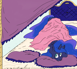 Size: 2560x2304 | Tagged: safe, artist:ponny, imported from derpibooru, princess luna, alicorn, pony, bed, blanket, colored, in bed, lying down, pillow, solo