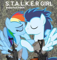 Size: 749x780 | Tagged: safe, artist:bobthelurker, artist:edy_january, imported from derpibooru, rainbow dash, soarin', pegasus, pony, aek 971s, aks-74u, album, album cover, armor, assault rifle, body armor, camouflage, clothes, eyes closed, female, glock 17, gun, handgun, hardbass, kiss on the lips, kissing, m1911, male, mare, military, music, pistol, rifle, shipping, simple background, soarindash, soldier, soldier pony, song, stalker, stallion, straight, tactical, tactical vest, vector used, vest, weapon