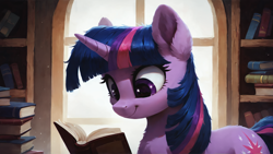 Size: 1920x1080 | Tagged: safe, imported from derpibooru, twilight sparkle, unicorn, ai content, ai generated, book, bookshelf, generator:pony diffusion v6 xl, generator:stable diffusion, horn, prompter:truekry, reading, solo, wallpaper, window